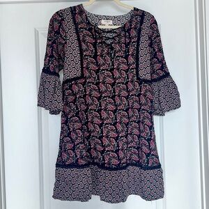 Umgee Boho Dress Women's Medium Paisley Navy Blue Pink Lace-Up Bell Sleeves
